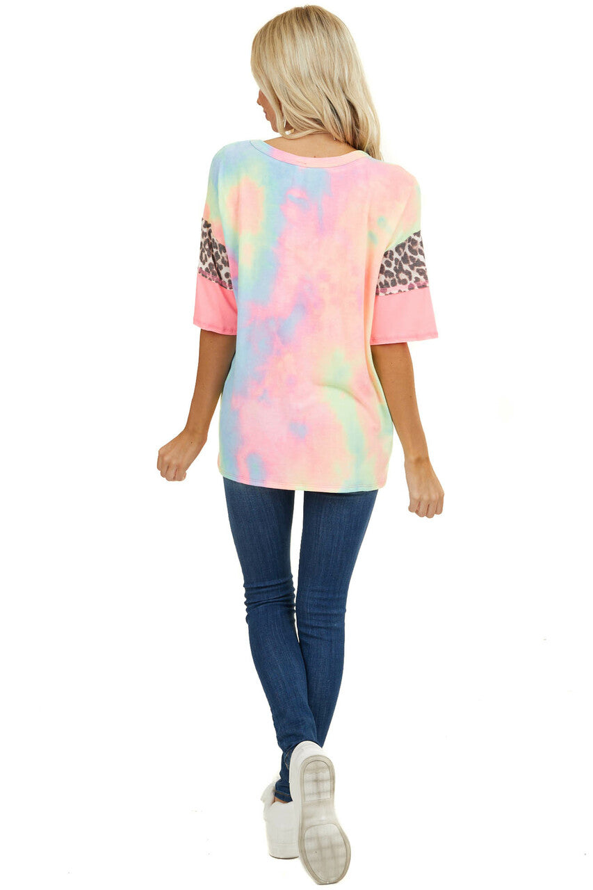 Neon Tie Dye Top with Leopard Print and Colorblock Sleeves 