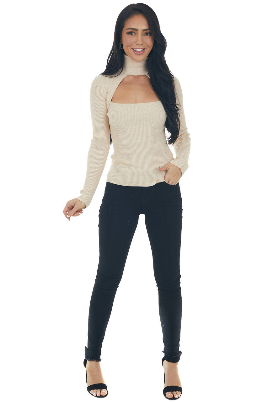 Desert Sand Ribbed Knit Long Sleeve Turtleneck