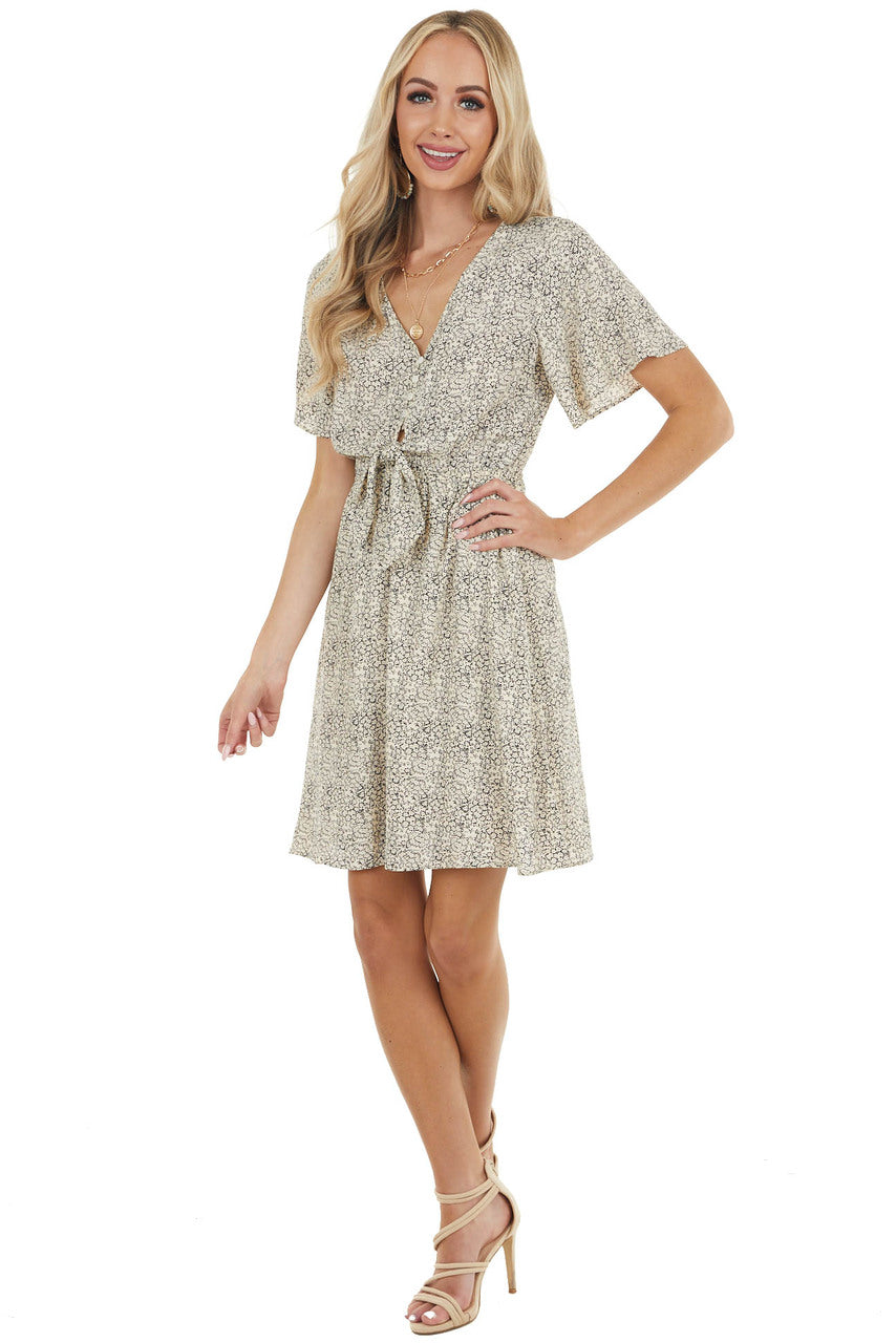 Black Ditsy Floral Print Short Flutter Sleeve Short Dress