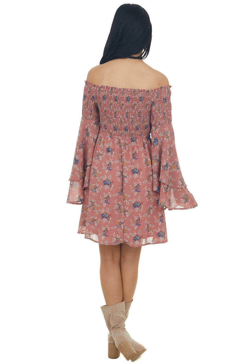 Rose Taupe Floral Print Long Sleeve Off the Shoulder Dress