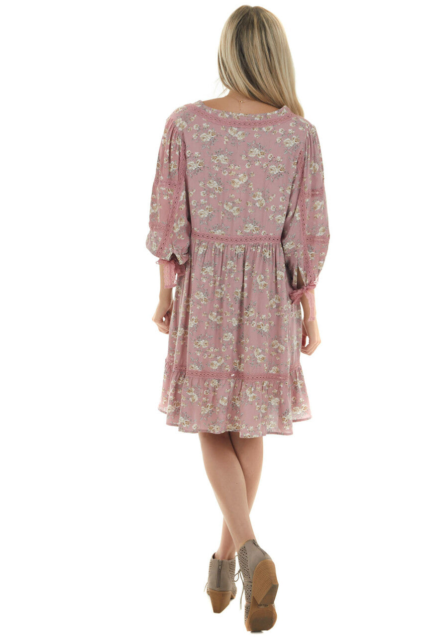 Dusty Rose Floral Print Babydoll Short Dress