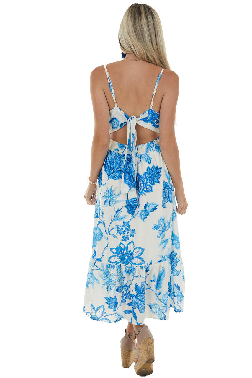 Royal Blue and Ivory Floral Print Midi Dress