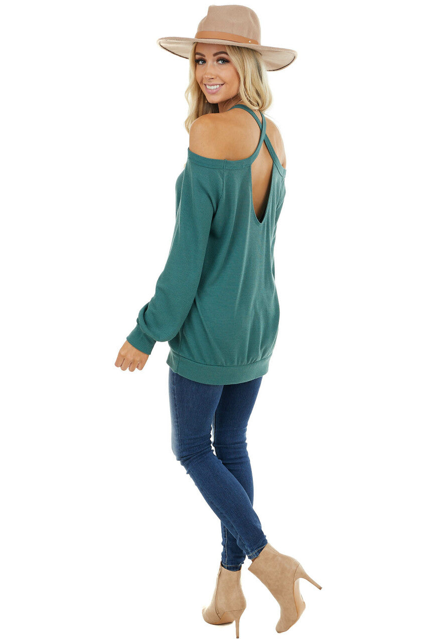 Pine Green Cold Shoulder Long Sleeve Top with Keyhole Detail 
