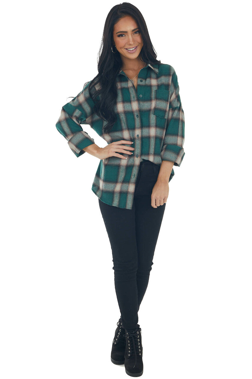 Forest Green Plaid Button Up Long Sleeve Top