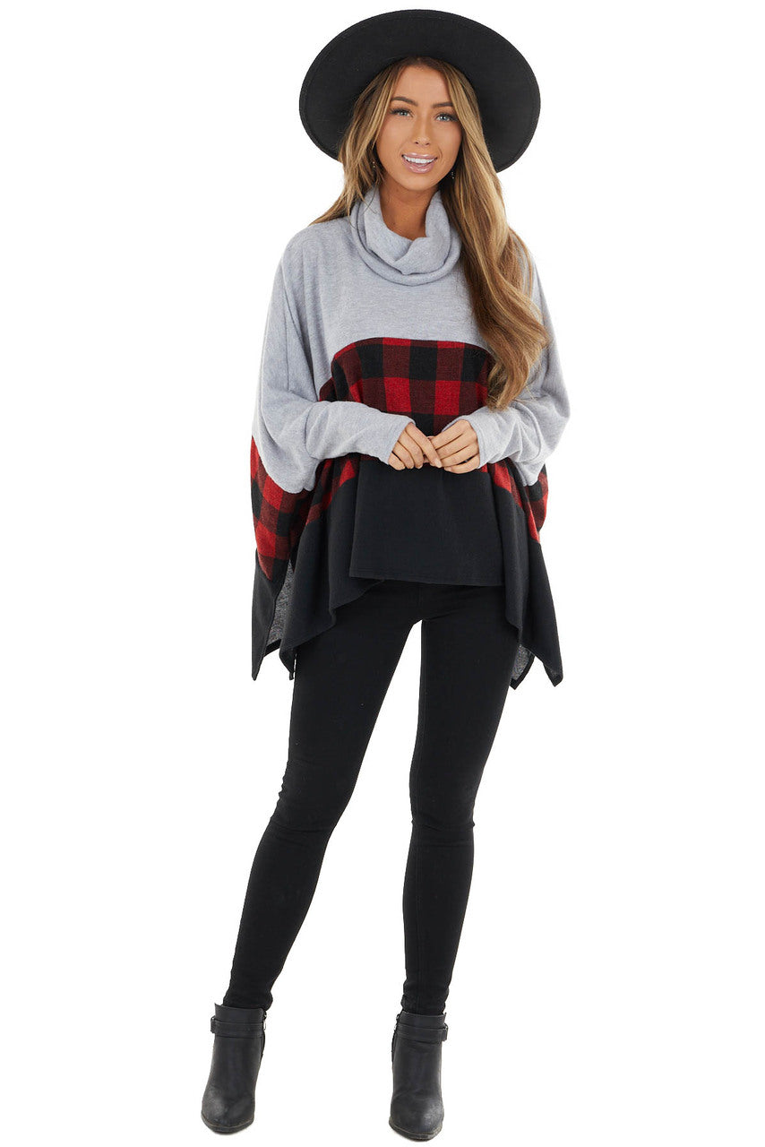 Crimson Red Buffalo Plaid Cowl Neck Long Sleeve Poncho