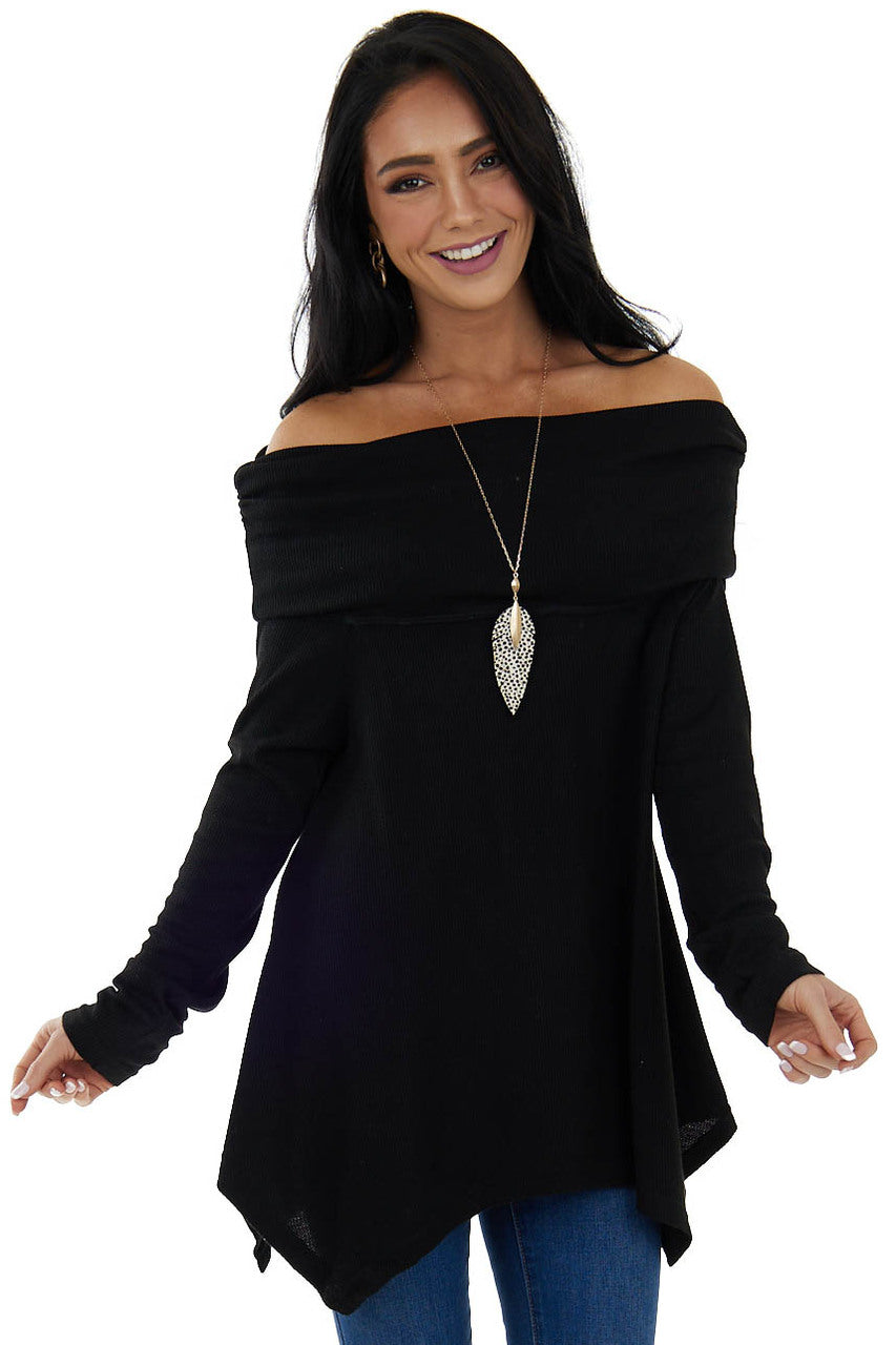 Black Thermal Knit Folded Off Shoulder Top 