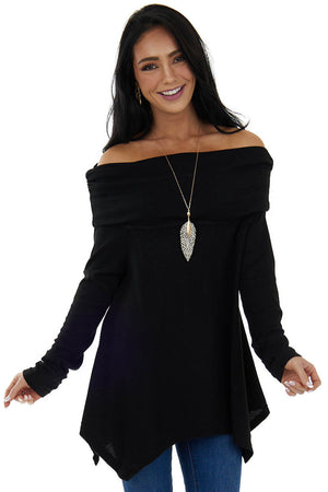 Black Thermal Knit Folded Off Shoulder Top 