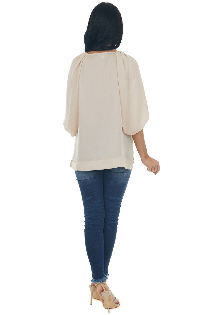 Tea Rose Puff Sleeve Blouse with Side Slits 