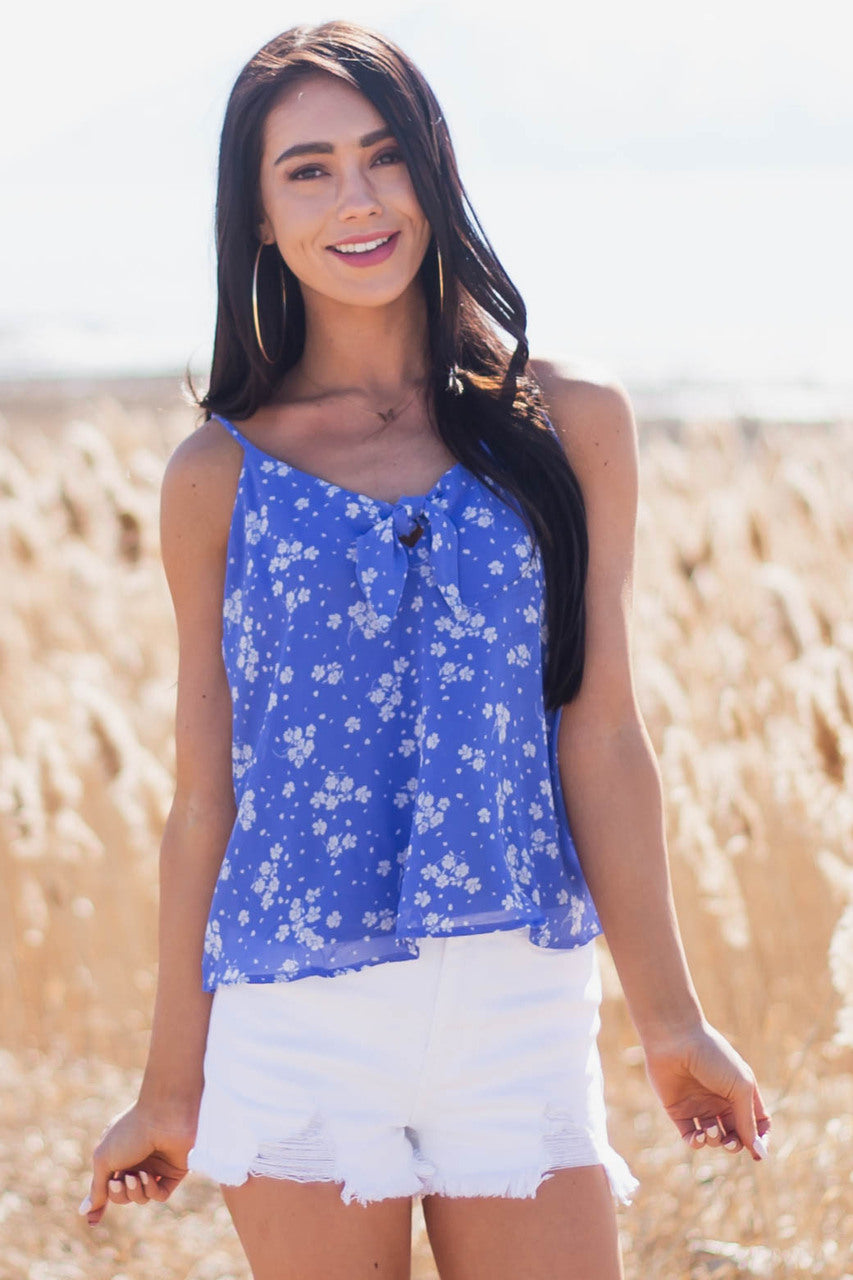 Cornflower Floral Print Sleeveless Blouse with Tie Detail 