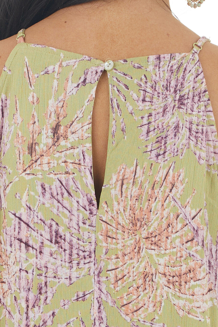 Pistachio Tropical Print Short Dress with Halter Neckline 