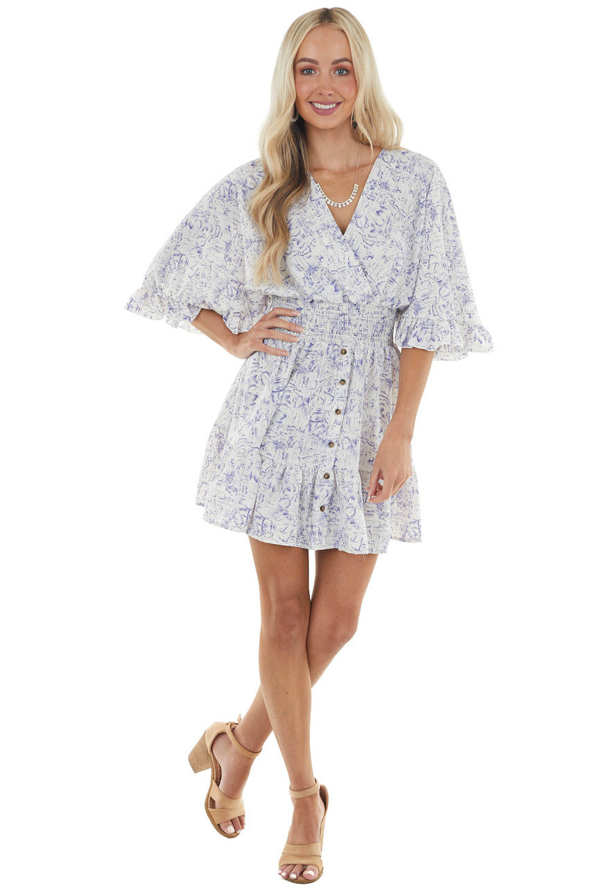 Pearl and Navy Abstract Print Short Woven Dress with Ruffles