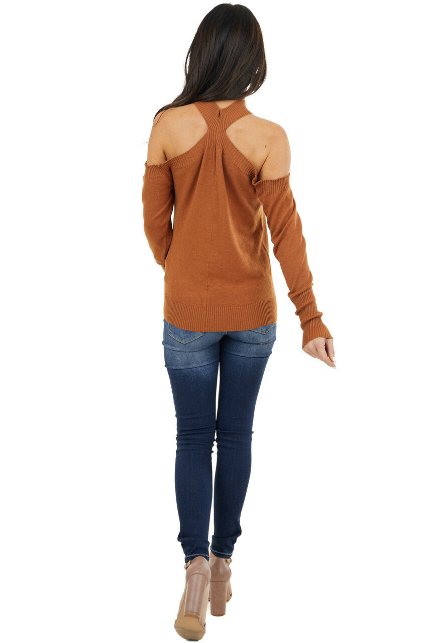 Cognac Mock Neck Soft Stretchy Knit Top with Cold Shoulders 