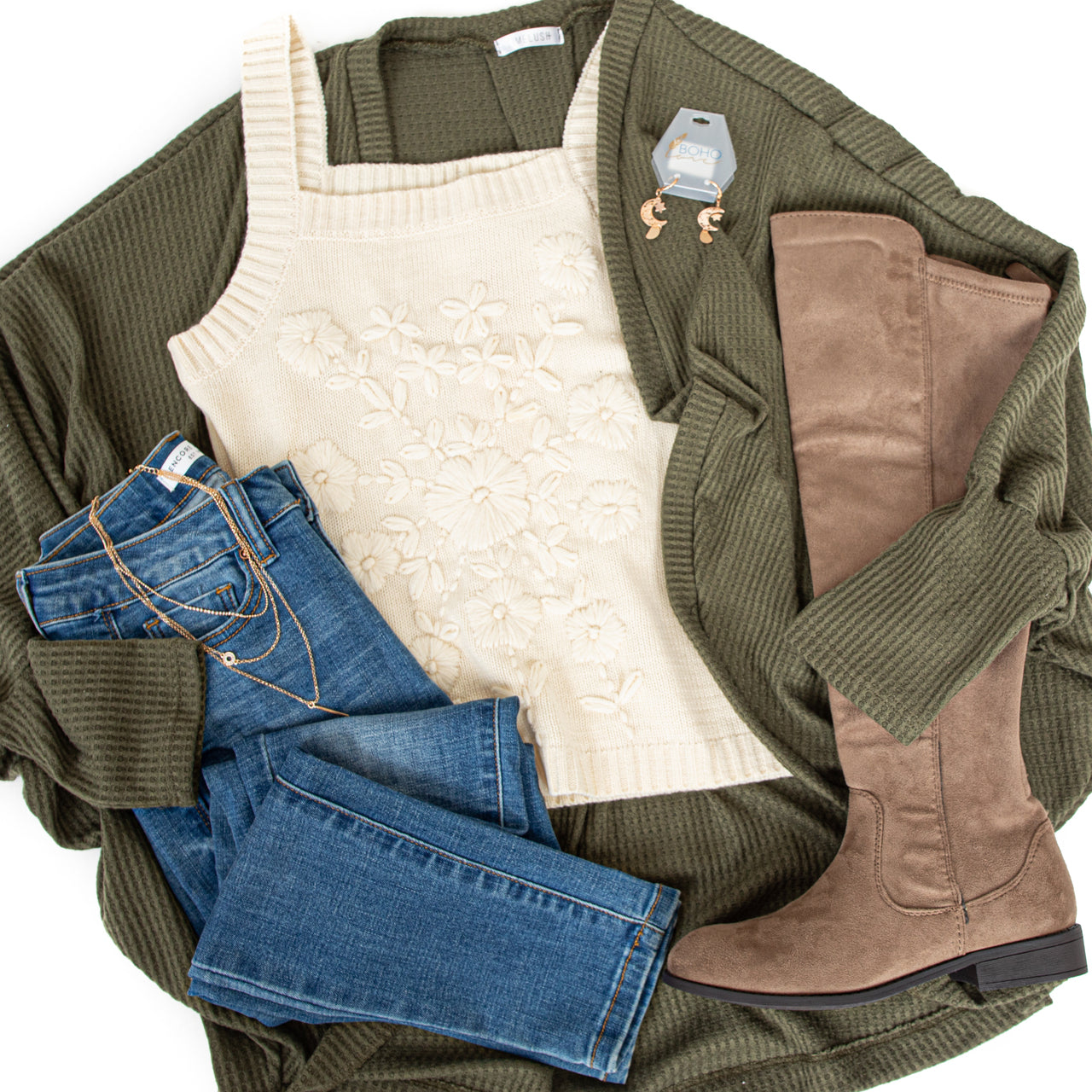 Olive Waffle Knit Open Front Cardigan with Dolman Sleeves