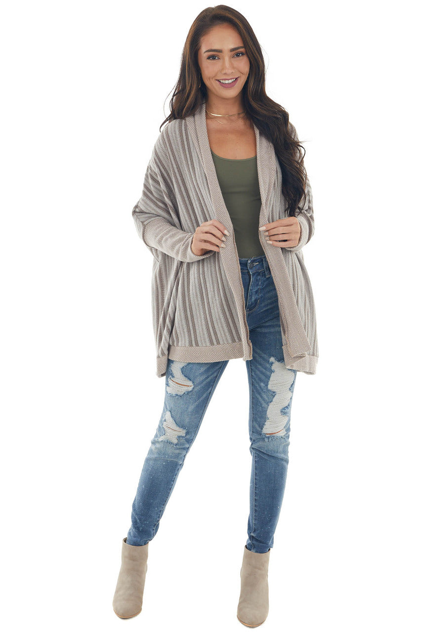 Dark Latte Striped Contrast Trim Cardigan 