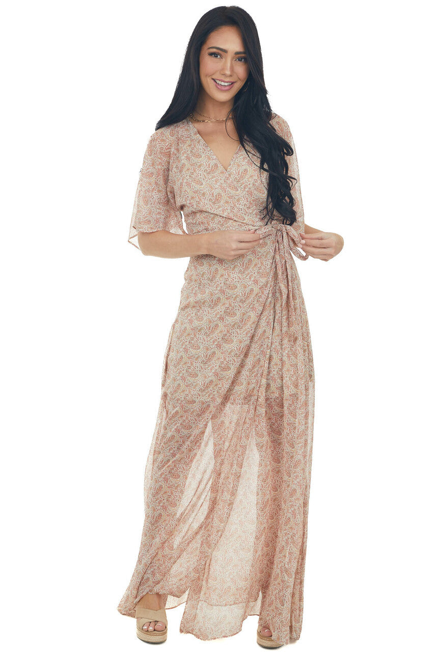 Rust Paisley Print Wrap Waist Tie Maxi Dress