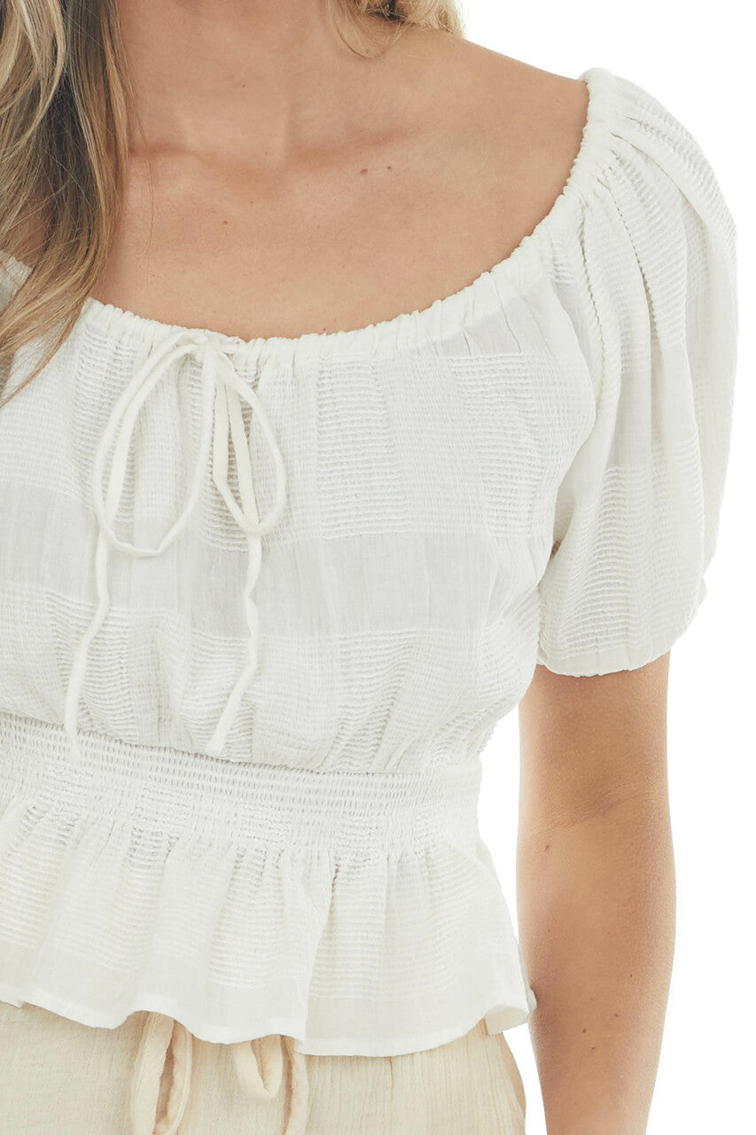 Ivory Textured Short Sleeve Top with Smocked Waist