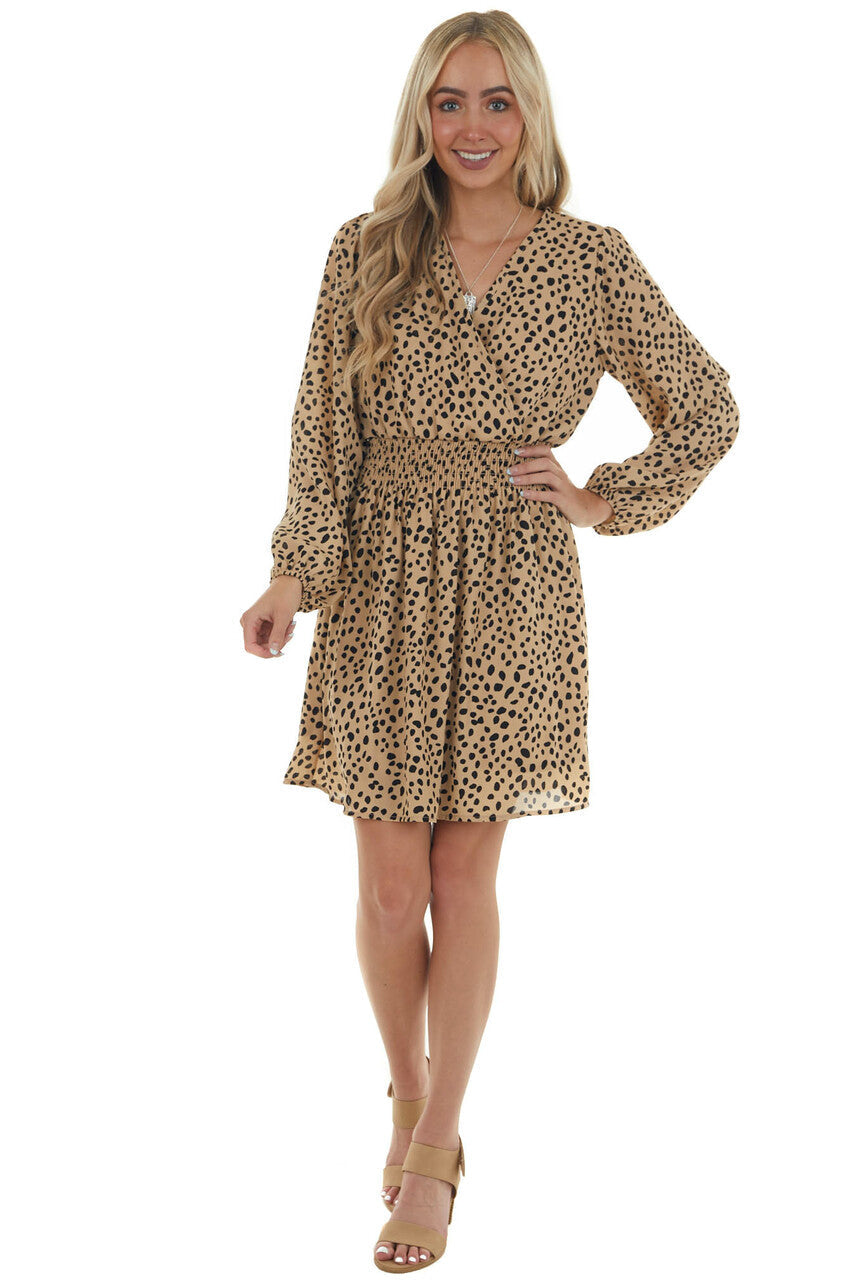 Nude Leopard Print Long Sleeve Short Dress