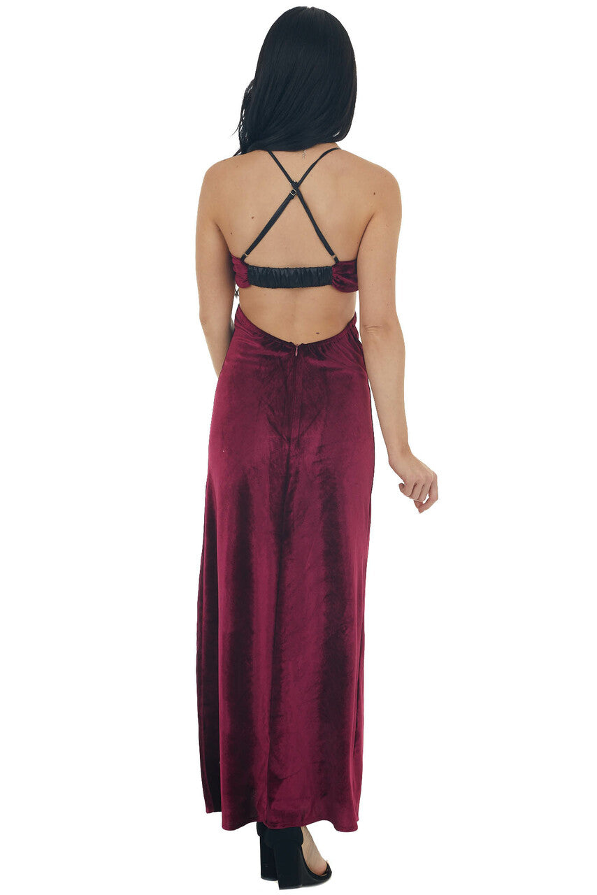 Vivid Wine Waist Cut Out Velvet Maxi Dress