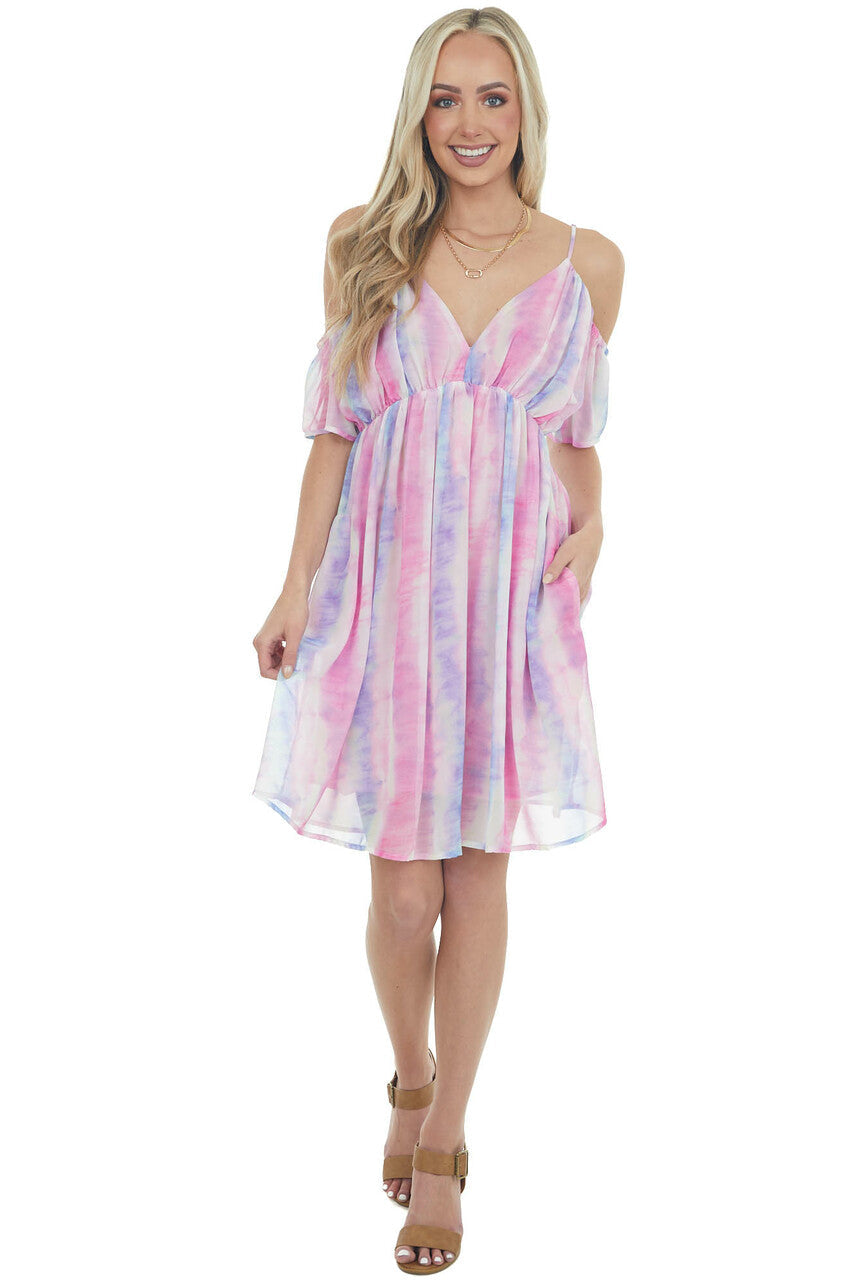 Thulian Pink Tie Dye Cold Shoulder Mini Dress