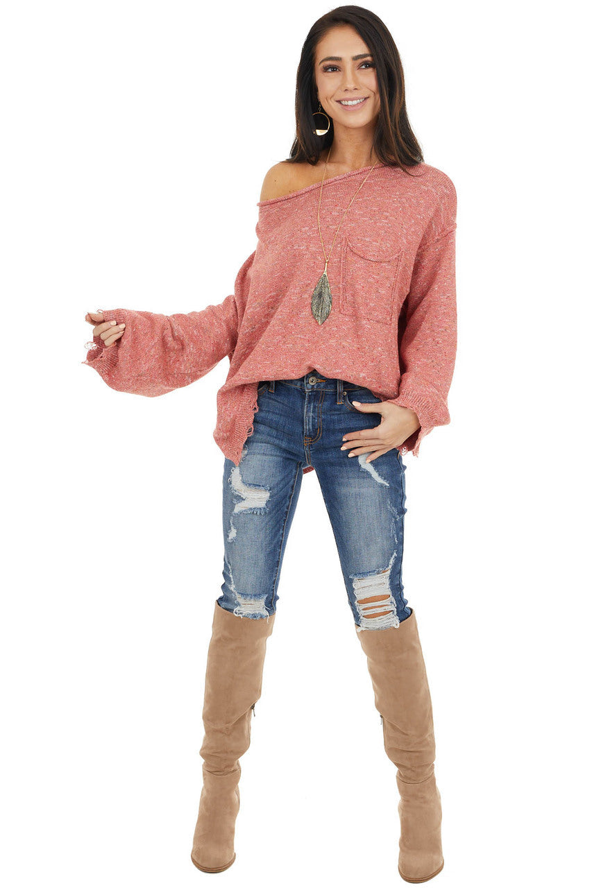 Faded Red Multicolor Long Sleeve Distressed Sweater