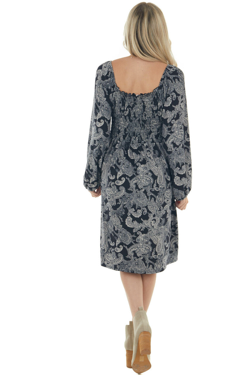 Black Paisley Print Smocked Bodice Midi Dress