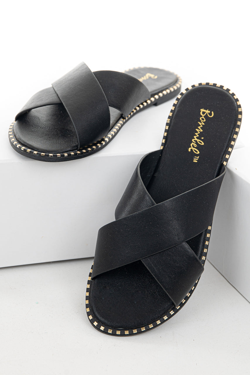 Black Criss Cross Slip On Sandals with Metallic Details 