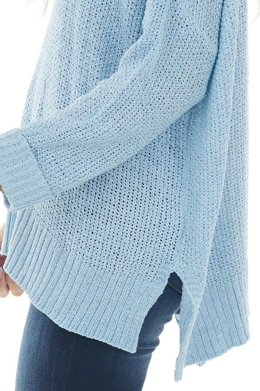 Sky Blue Loose Knit Cuff Sleeve Sweater 