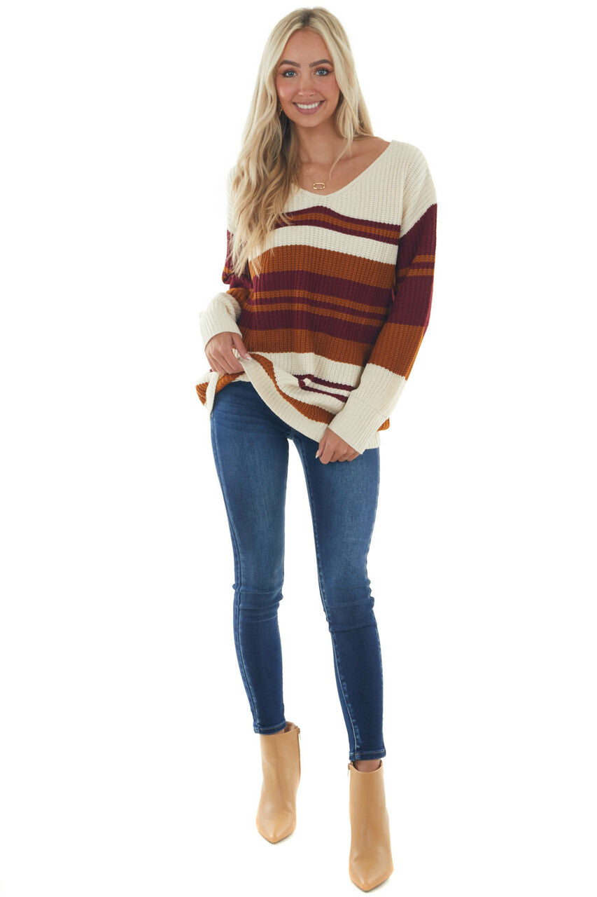 Cream Multi Striped Long Sleeve Knit Sweater