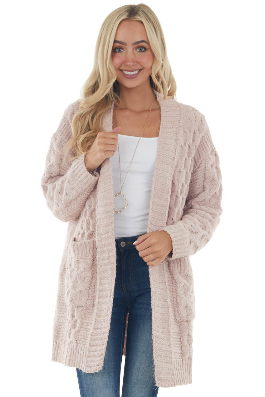 Tea Rose Soft Cable Knit Chenille Cardigan 