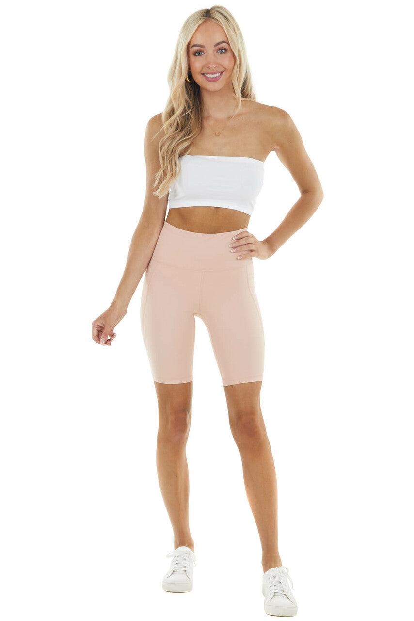 Peach Super Stretchy High Waisted Biker Shorts with Pockets