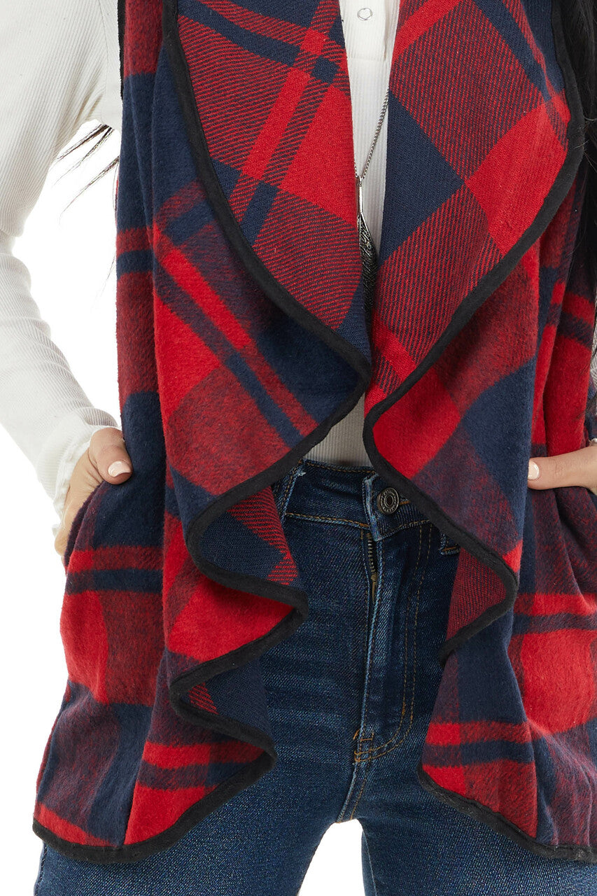 Cherry and Black Open Front Plaid Print Vest with Lapel