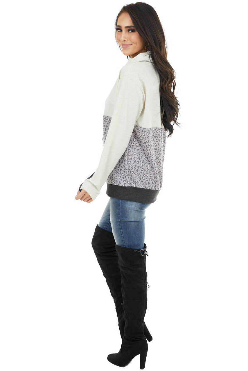 Oatmeal Knit Cowl Neck Sweatshirt with Slate Leopard Print