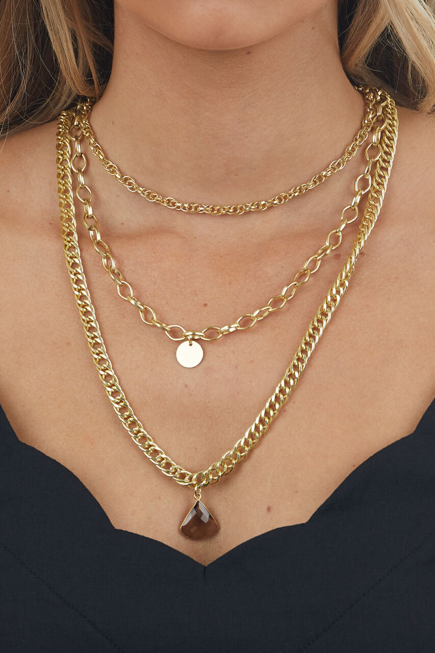 Gold Layered Chain Necklace with Stone Pendant