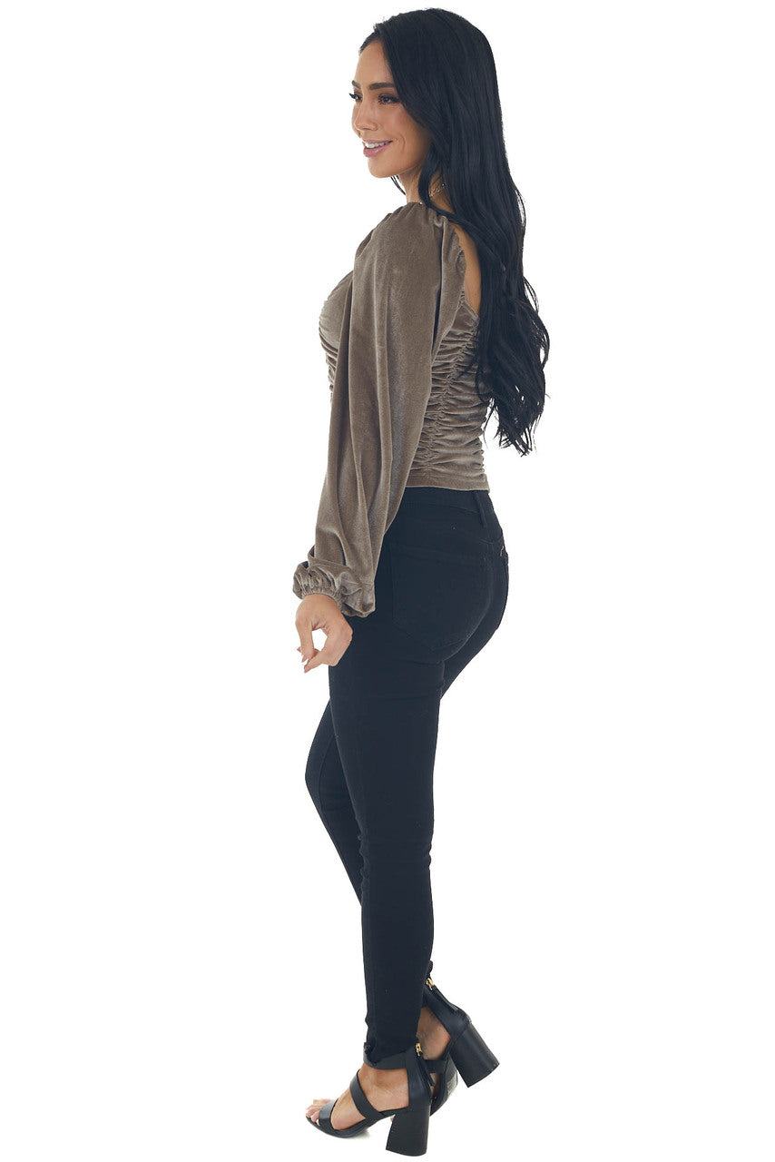 Antique Taupe Long Puff Sleeve Ruched Velvet Top