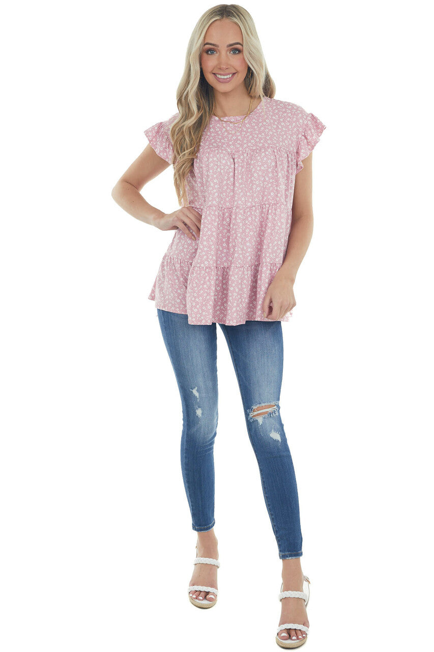 Baby Pink Ditsy Floral Print Short Sleeve Top