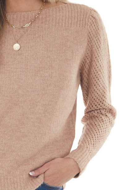 Peach Pink Boat Neck Pointelle Sleeve Sweater 