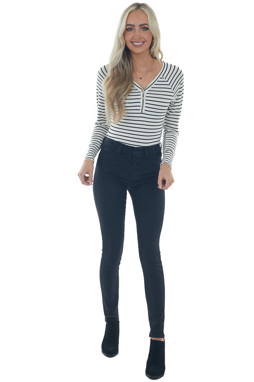 Ivory and Black Striped Henley Style Bodysuit 