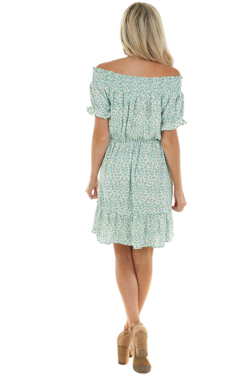 Arctic Blue Ditsy Floral Off Shoulder Dress