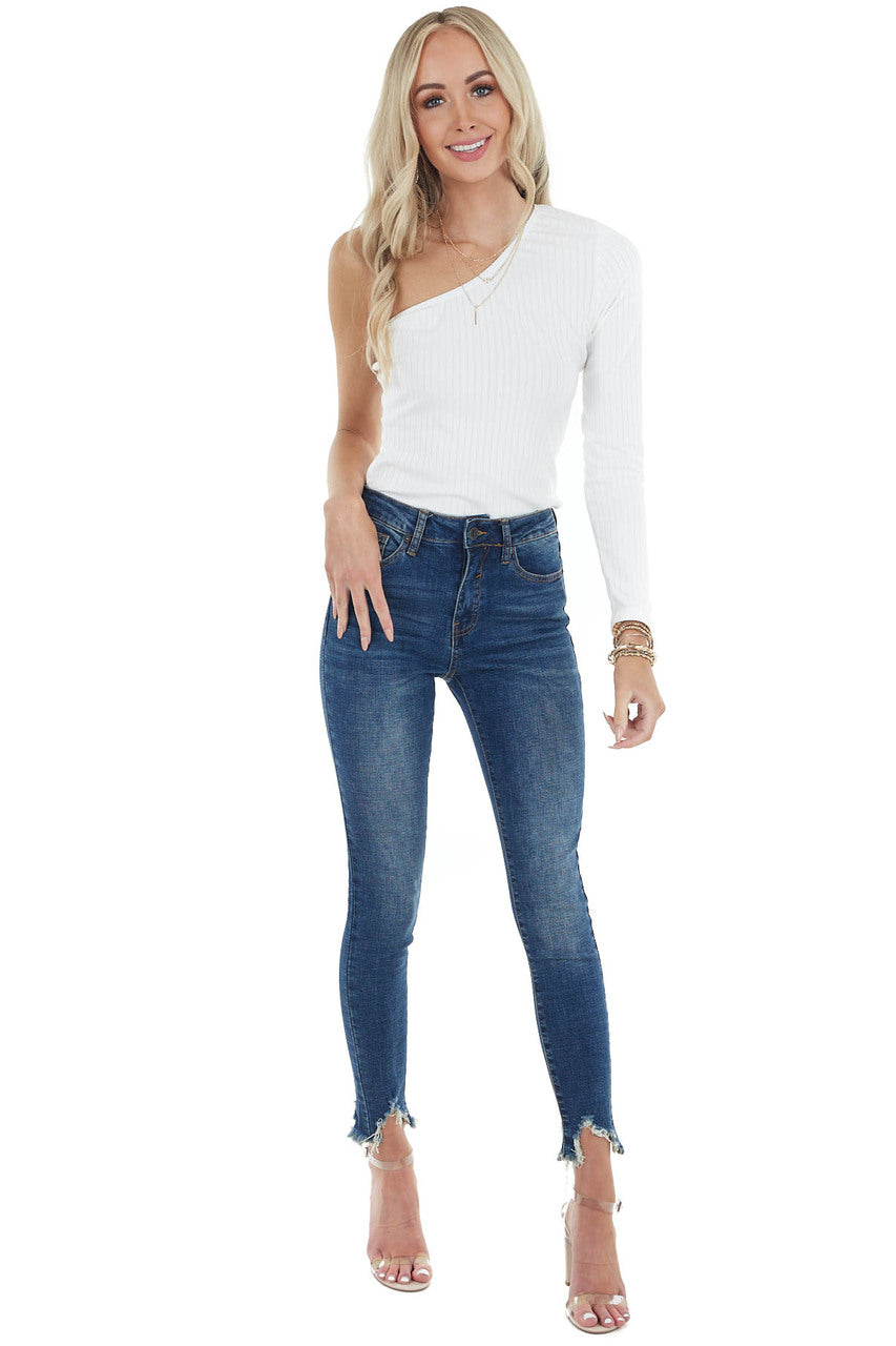 Ivory Fitted Single Sleeve Stretchy Ribbed Knit Top