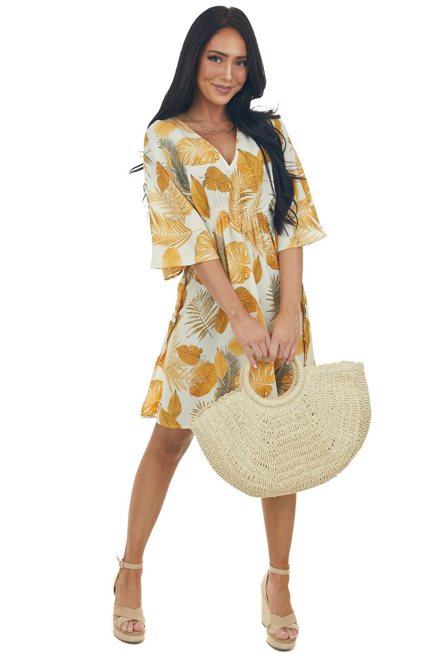 Ivory and Amber Leaf Print Half Sleeve Dress