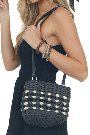 Black and Camel Braided Straw Bucket Bag