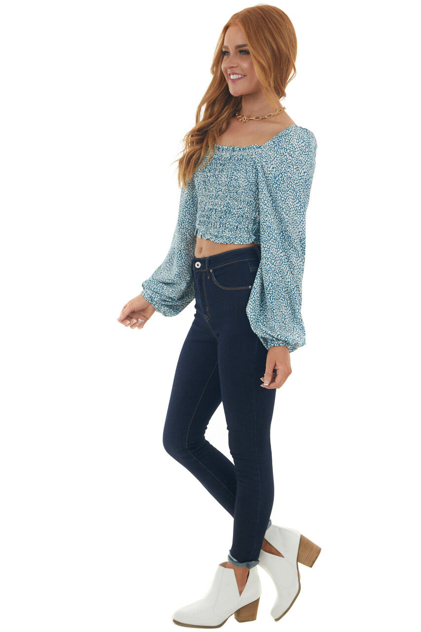 Sea Blue Printed Puff Sleeve Smocked Blouse