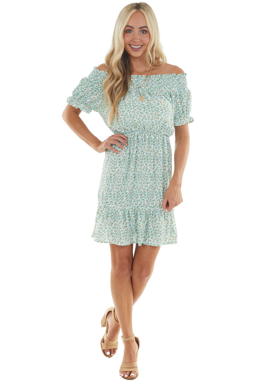 Arctic Blue Ditsy Floral Off Shoulder Dress