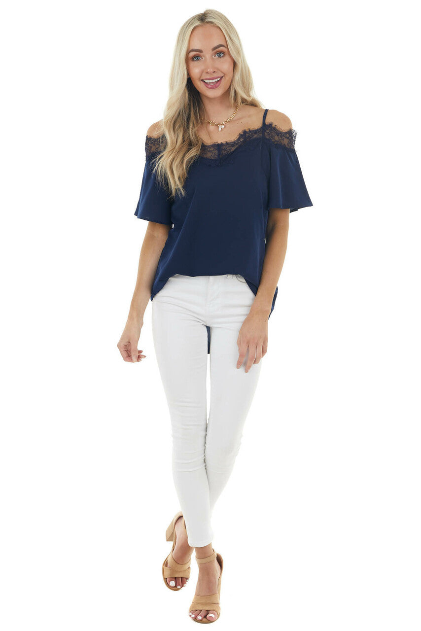 Navy Blue Cold Shoulder Short Sleeve Blouse with Lace