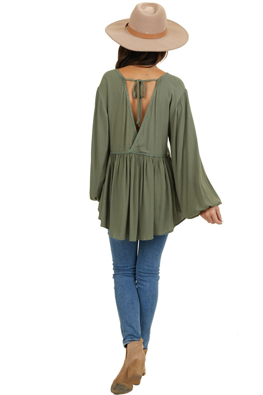 Faded Olive Drop Waist Top with Tied Back and Bubble Sleeves 