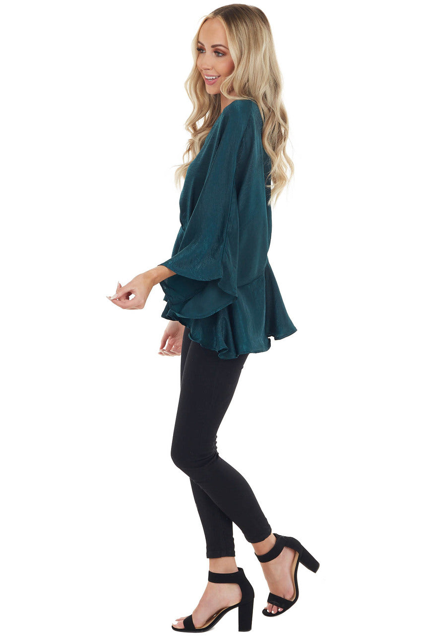 Forest Green Satin Flowy Drop Waist Blouse with V Neckline