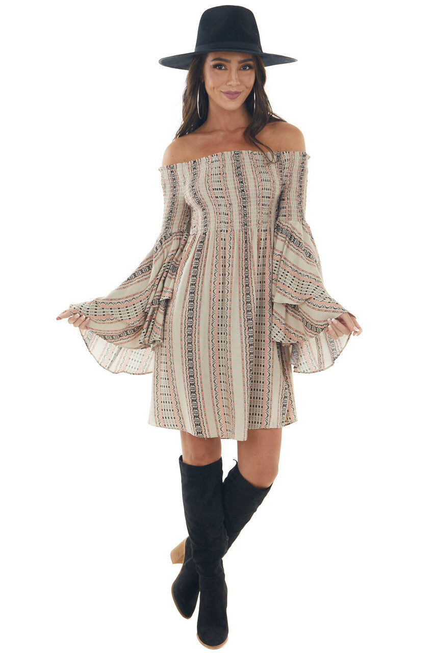 Coral Striped Off the Shoulder Smocked Dress 