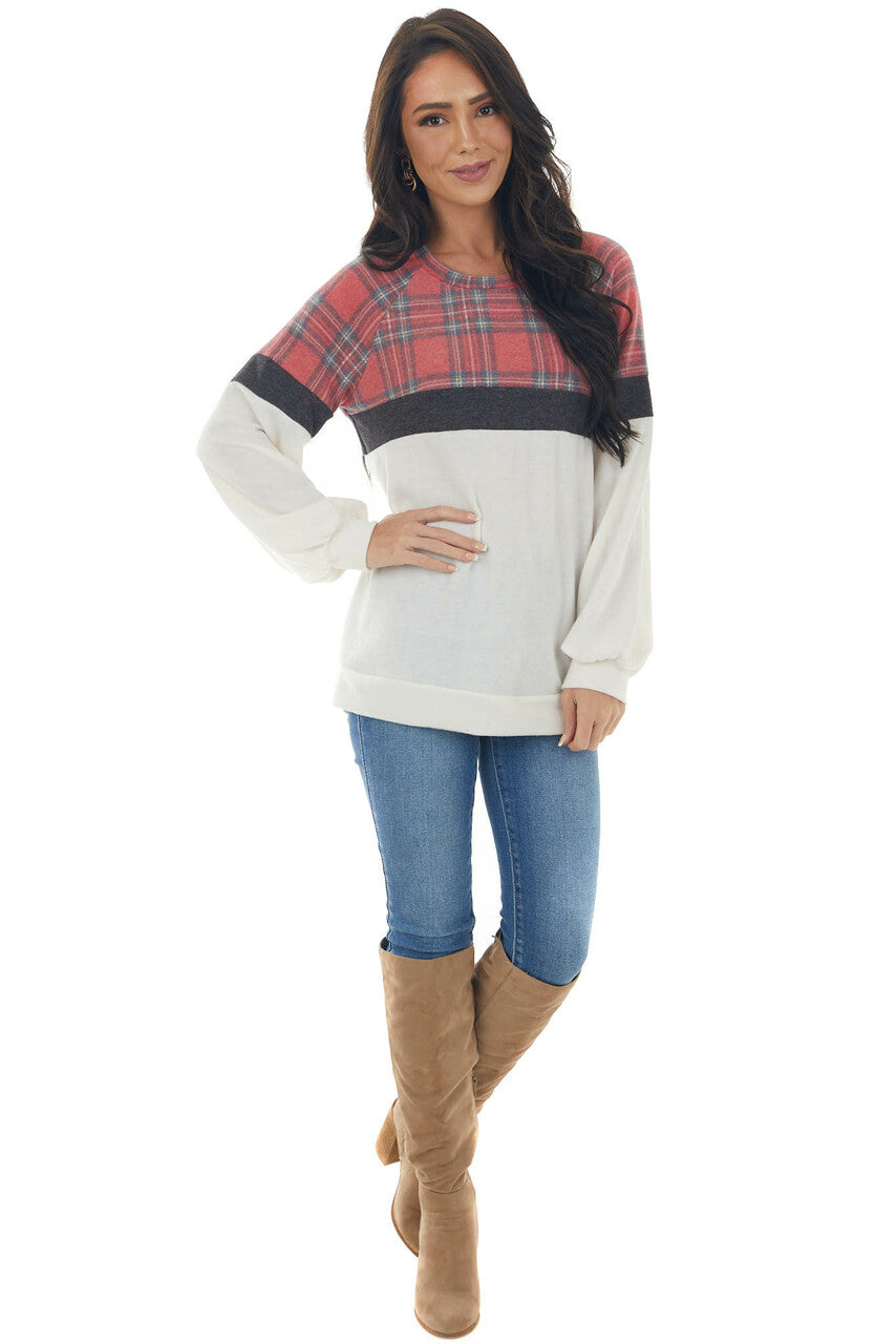 Crimson Plaid Colorblock Brushed Knit Top