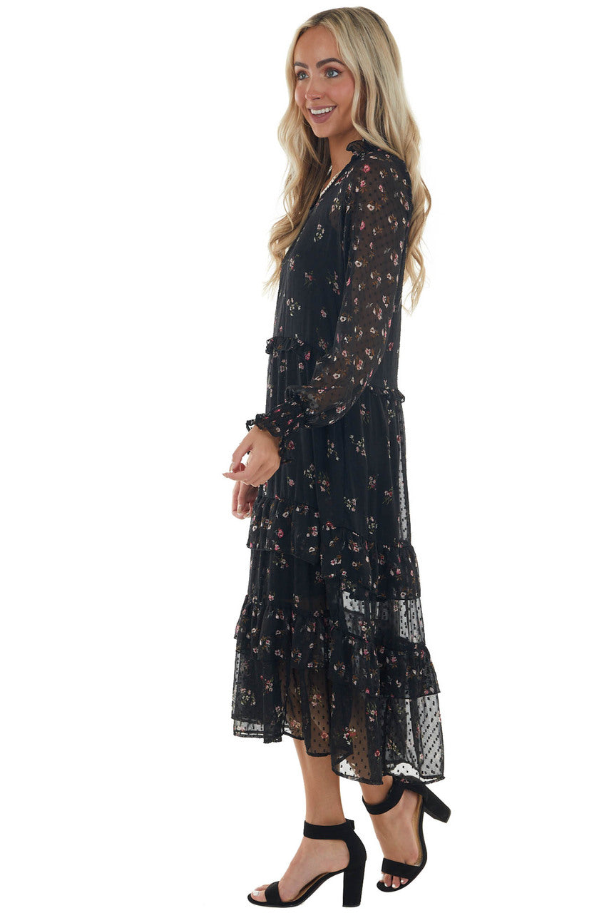 Black Swiss Dot Floral Print Maxi Dress 
