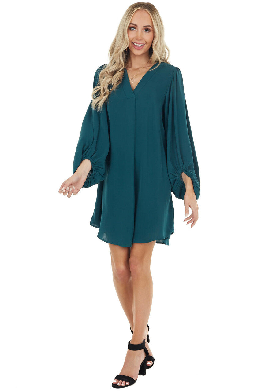 Dark Pine Long Bubble Sleeve V Neck Soft Woven Short Dress